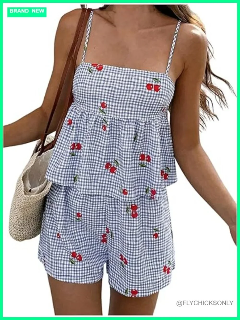 2 Piece Gingham Cherry Print Babydoll Camisole Shorts Set Summer Outfit